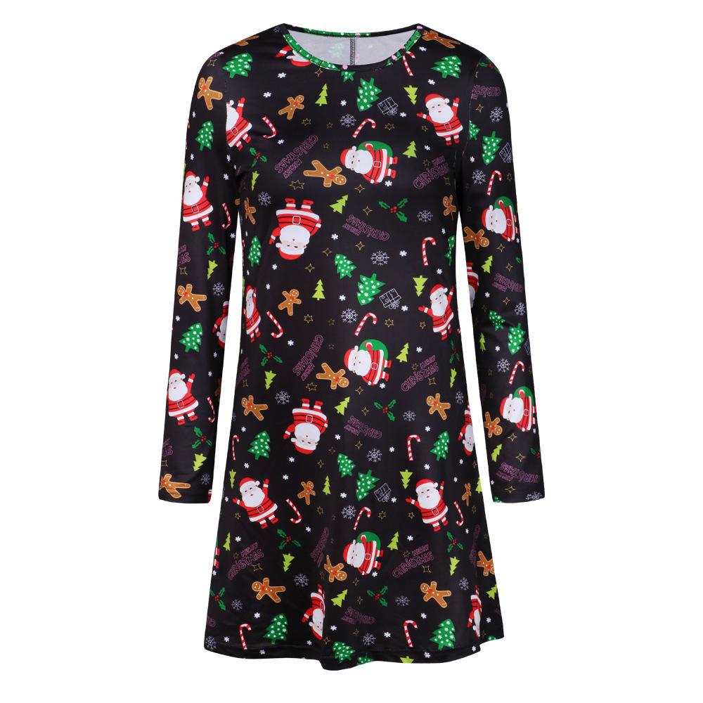 Women's printed jersey Christmas skater dress with long sleeves and a full skirt - black with santa and gingerbread