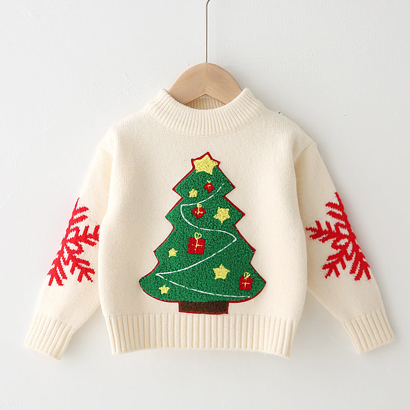 Kids' knitted Christmas jumper with a fluffy tree and snowflakes
