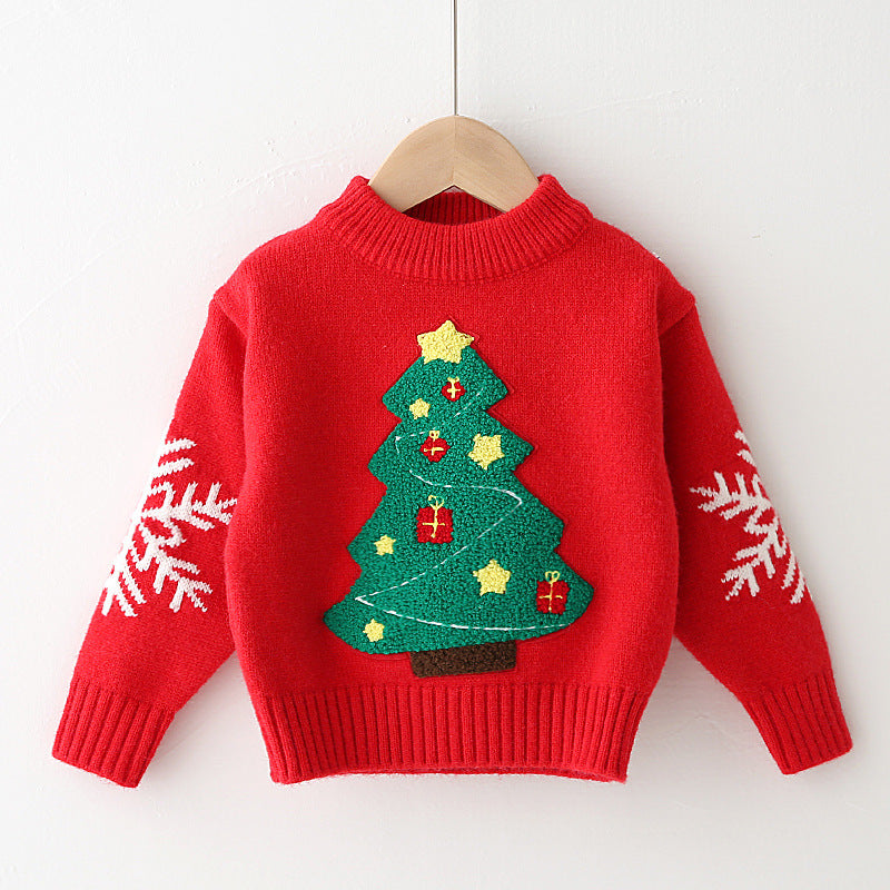 Kids' knitted Christmas jumper with a fluffy tree and snowflakes - red christmas tree