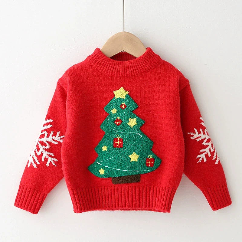 Kids' knitted Christmas jumper with a fluffy tree and snowflakes