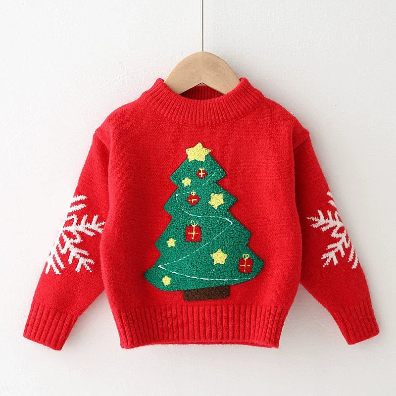 Kids' knitted Christmas jumper with a fluffy tree and snowflakes