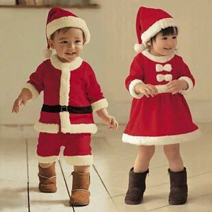 Children's red Father Christmas outfit with white plush trim and a Santa hat