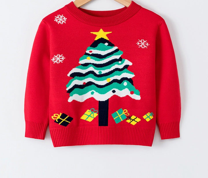 Kids' knitted Christmas jumper with a festive motif on the front - red christmas tree