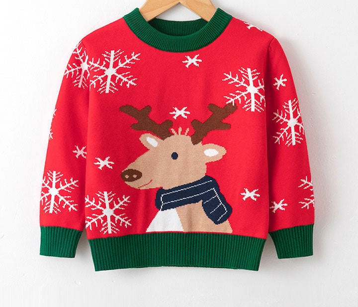 Kids' knitted Christmas jumper with a festive motif on the front - red reindeer with scarf