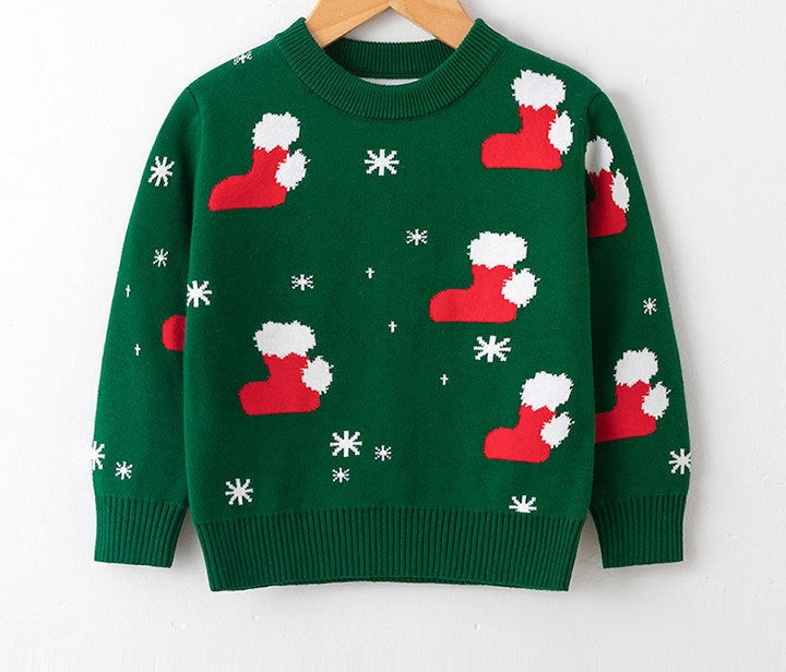 Kids' knitted Christmas jumper with a festive motif on the front - green stockings