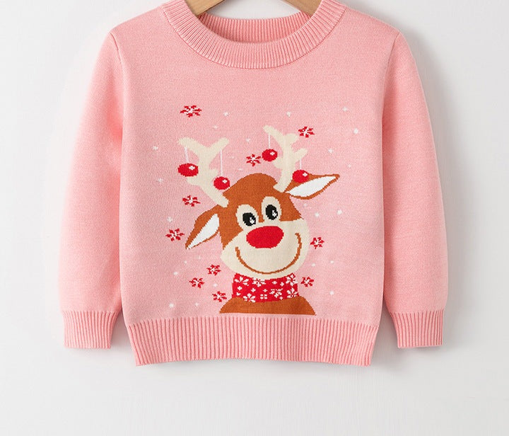 Kids' knitted Christmas jumper with a festive motif on the front - pink reindeer