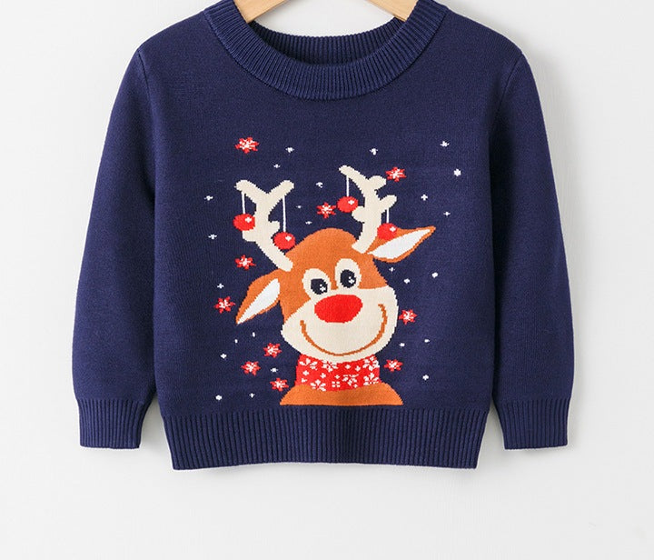 Kids' knitted Christmas jumper with a festive motif on the front - navy reindeer