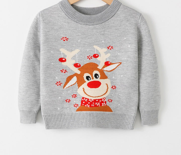 Kids' knitted Christmas jumper with a festive motif on the front - grey reindeer