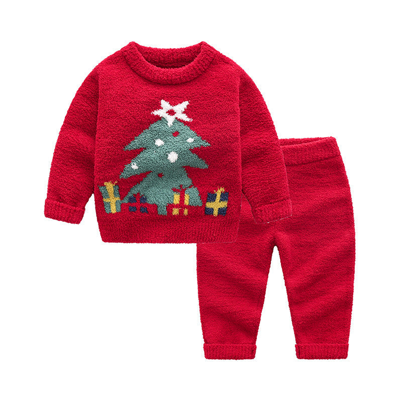Kids' knitted Christmas pyjamas with a tree on the jumper and plain red bottoms