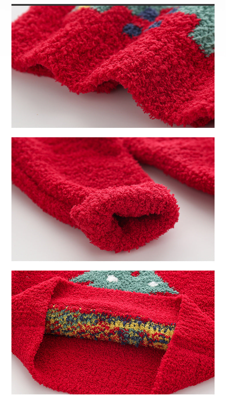 Kids' knitted Christmas pyjamas with a tree on the jumper and plain red bottoms