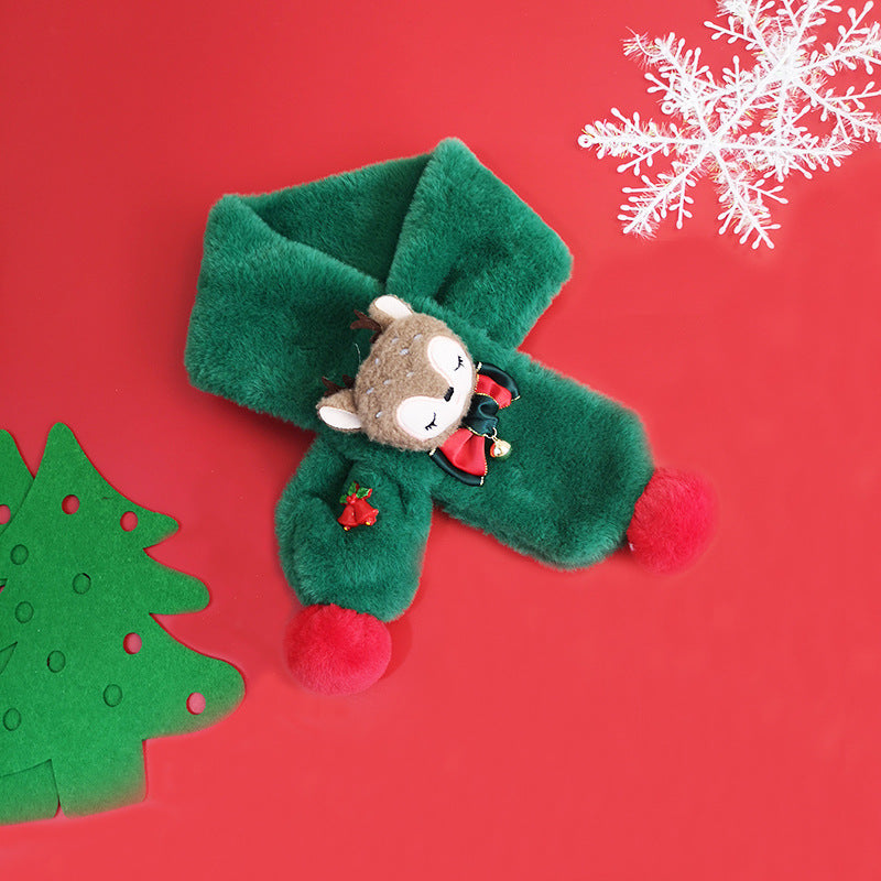 Kids' plush Christmas scarf with a reindeer head, bow and green pompoms - dark green
