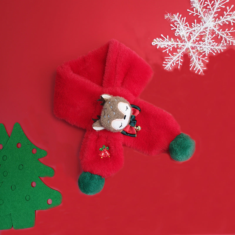 Kids' plush Christmas scarf with a reindeer head, bow and green pompoms - red
