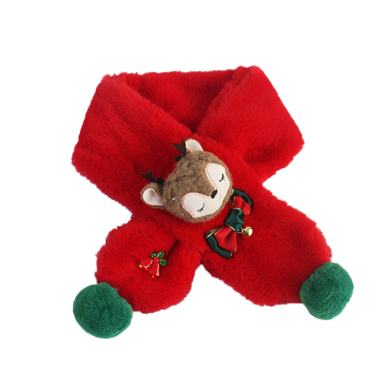 Kids' plush Christmas scarf with a reindeer head, bow and green pompoms