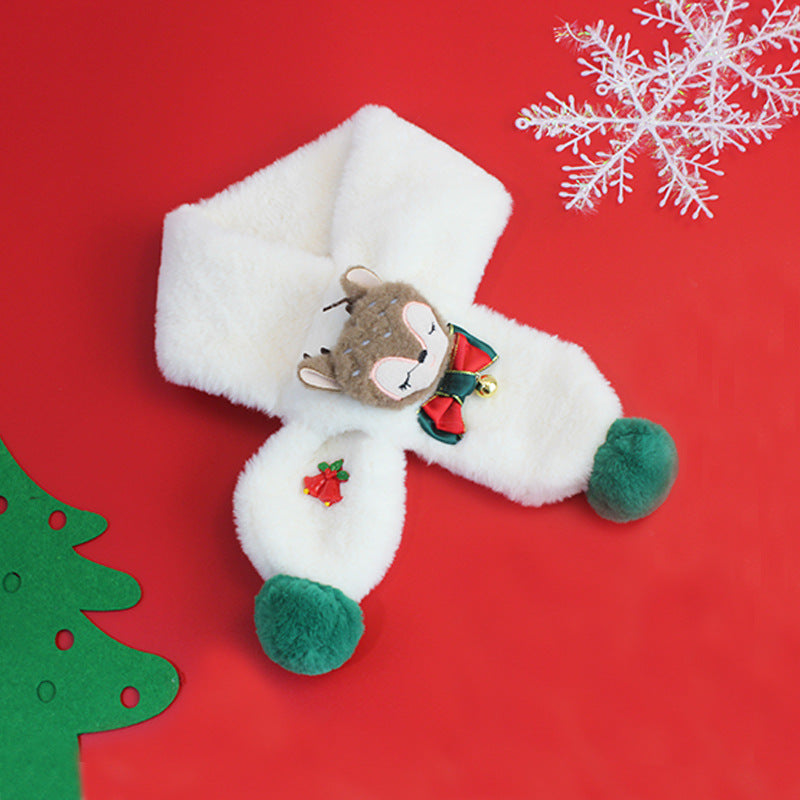 Kids' plush Christmas scarf with a reindeer head, bow and green pompoms - white