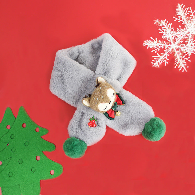 Kids' plush Christmas scarf with a reindeer head, bow and green pompoms - grey