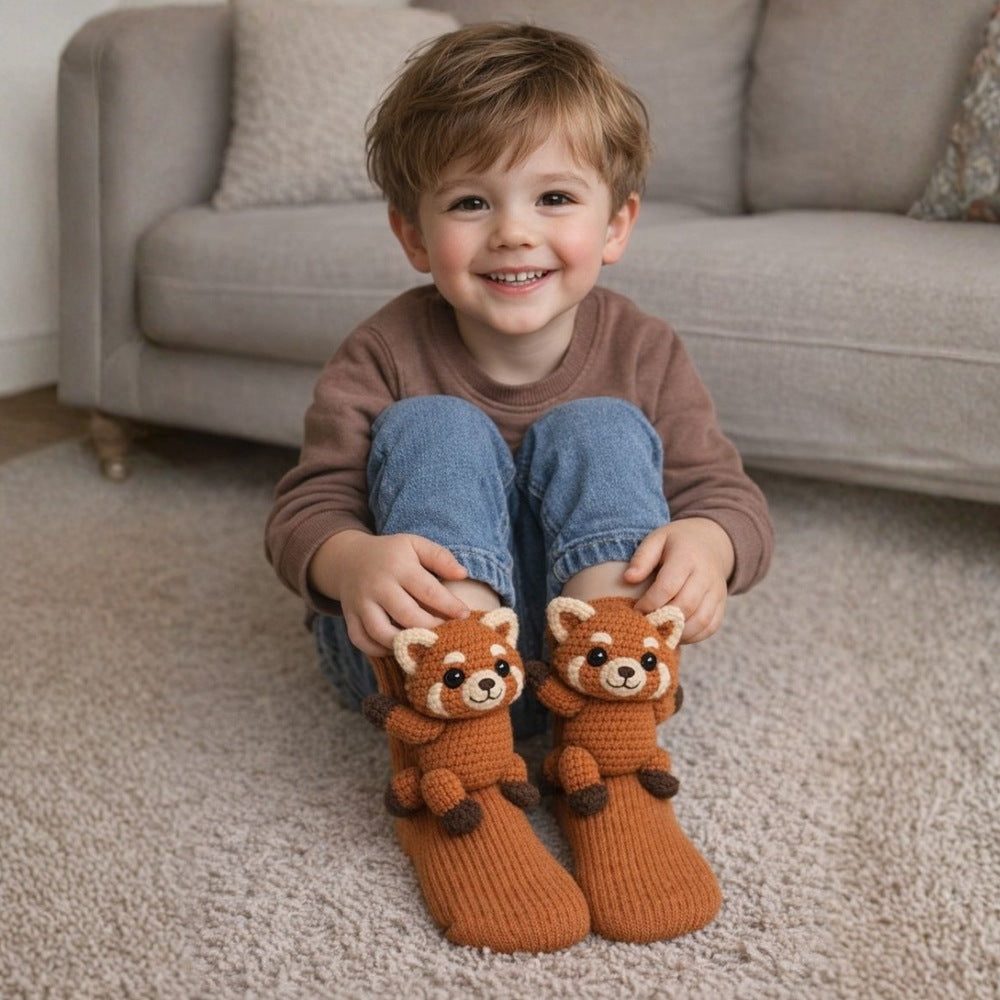 Kids' socks with a knitted 3D animal wrapping its arms around the leg