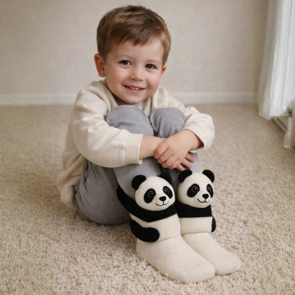 Kids' socks with a knitted 3D animal wrapping its arms around the leg