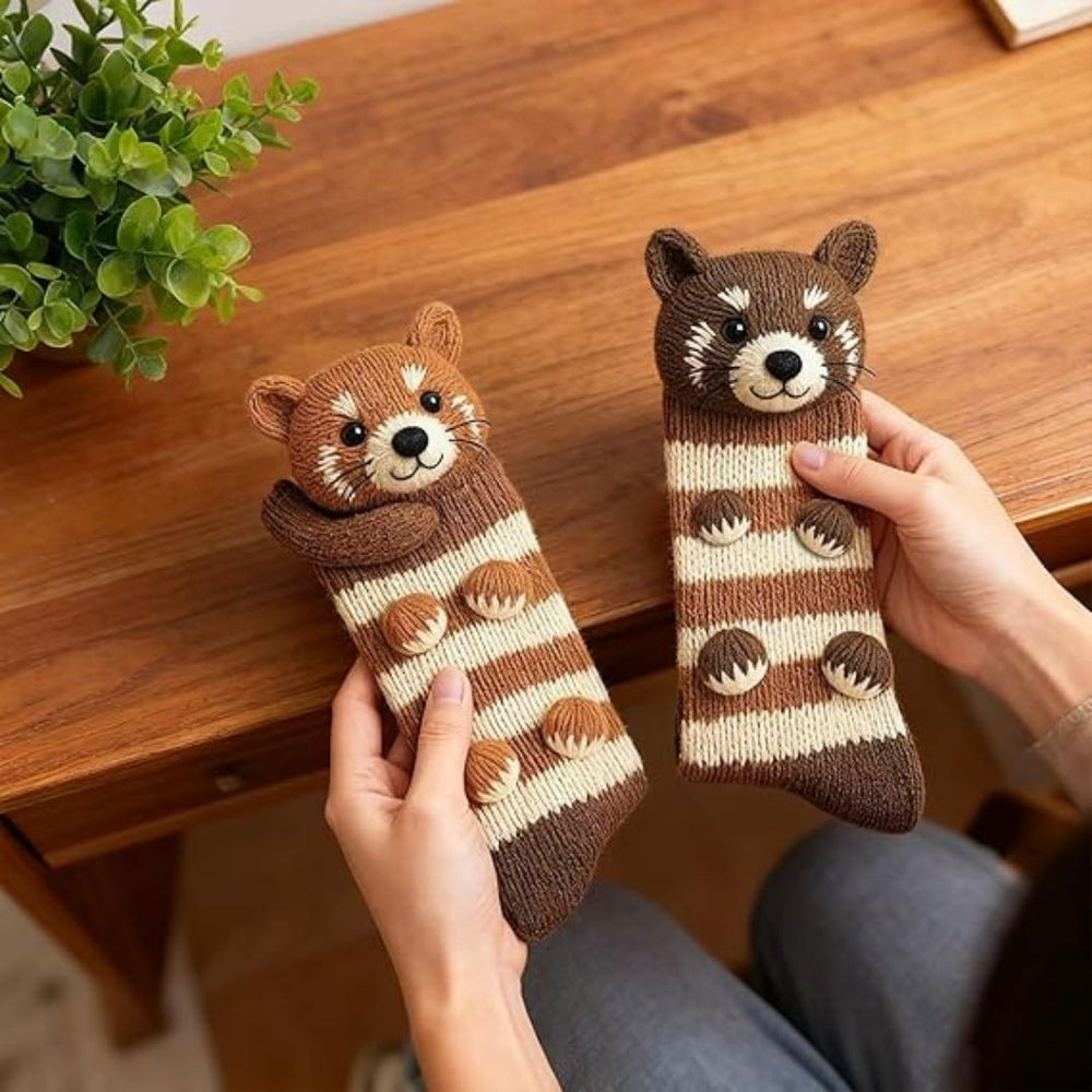 Kids' socks with a knitted 3D animal wrapping its arms around the leg