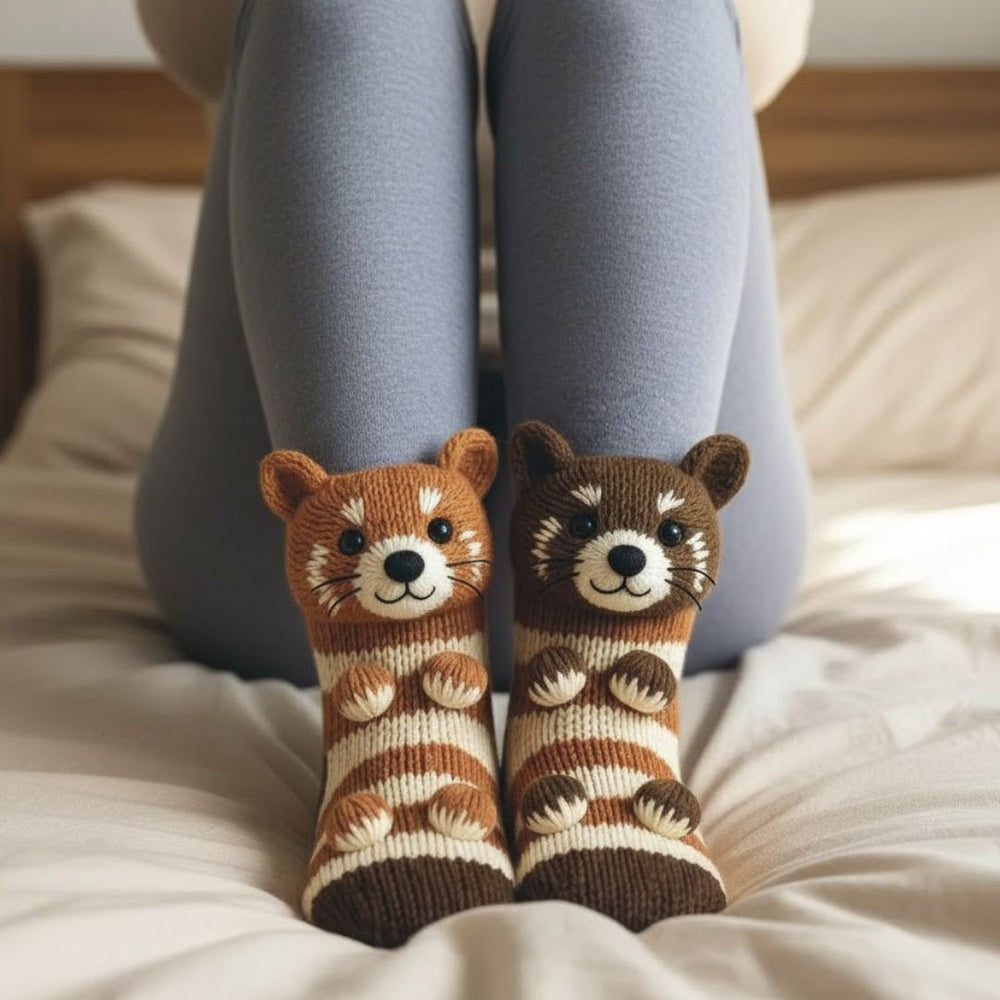 Kids' socks with a knitted 3D animal wrapping its arms around the leg - red panda