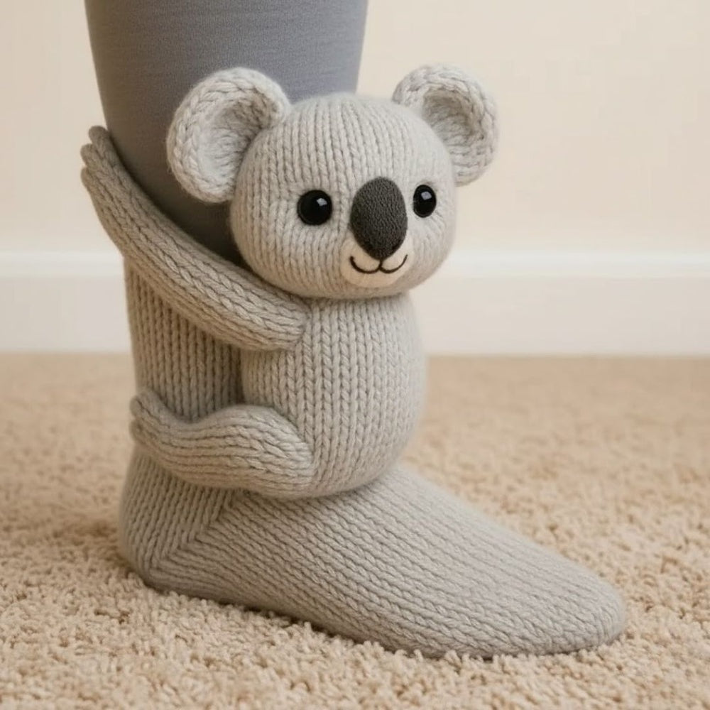 Kids' socks with a knitted 3D animal wrapping its arms around the leg - koala