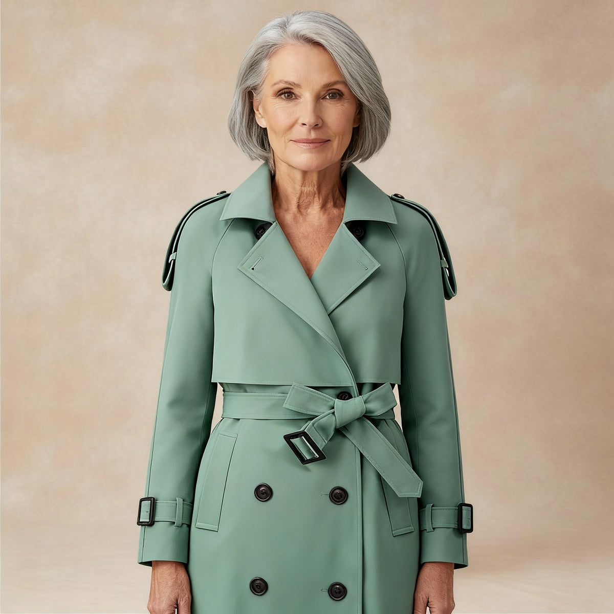 Women's knee-length trench coat with epaulettes and a tie belt - sage green