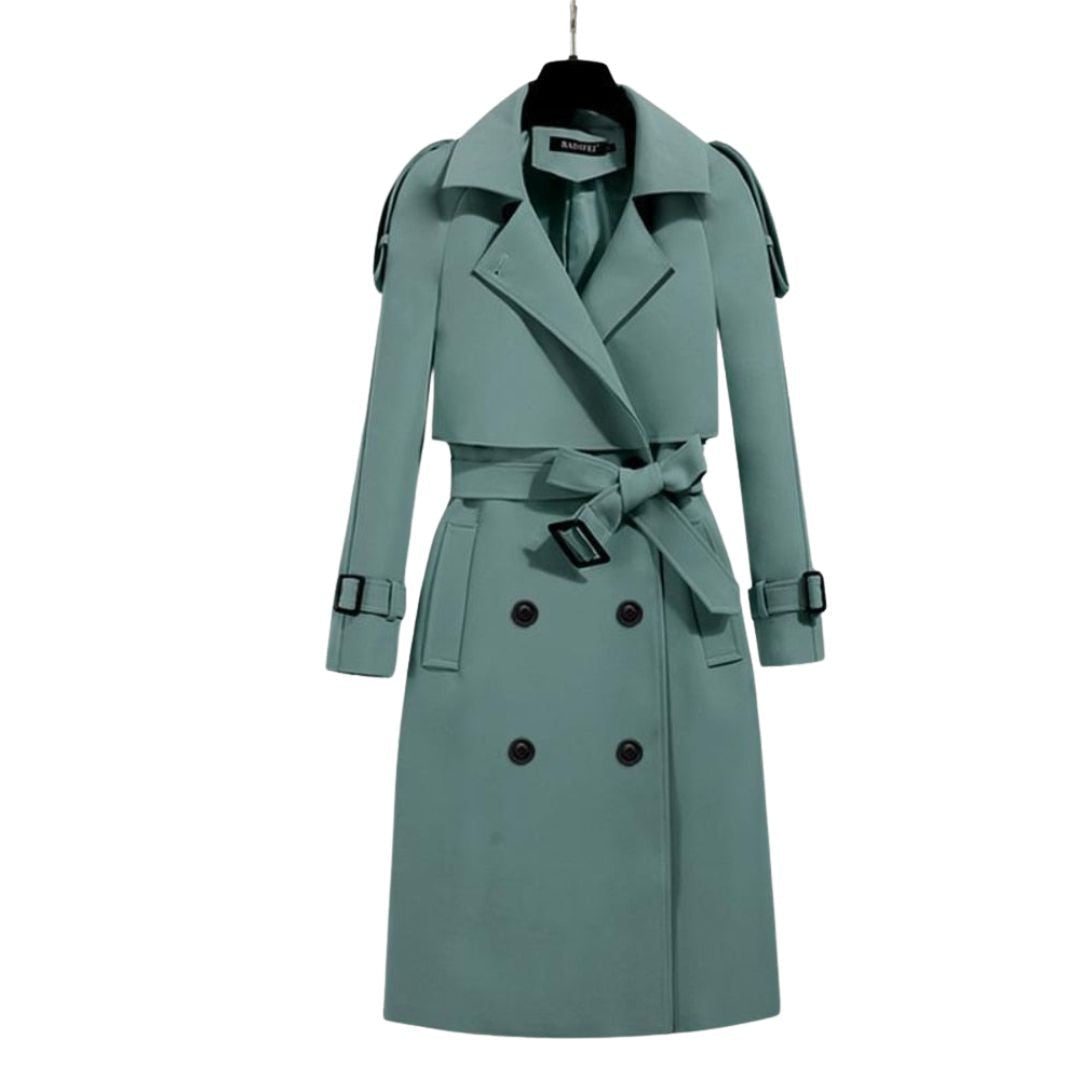 Women's knee-length trench coat with epaulettes and a tie belt - sage green
