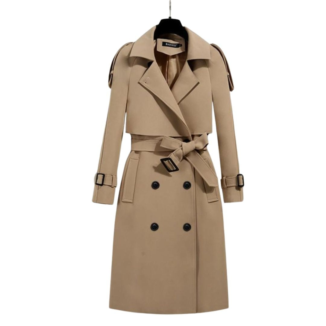 Women's knee-length trench coat with epaulettes and a tie belt - beige