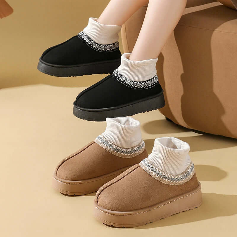 Platform slippers in suede look with a ribbed knit cuff over the ankle - view 5