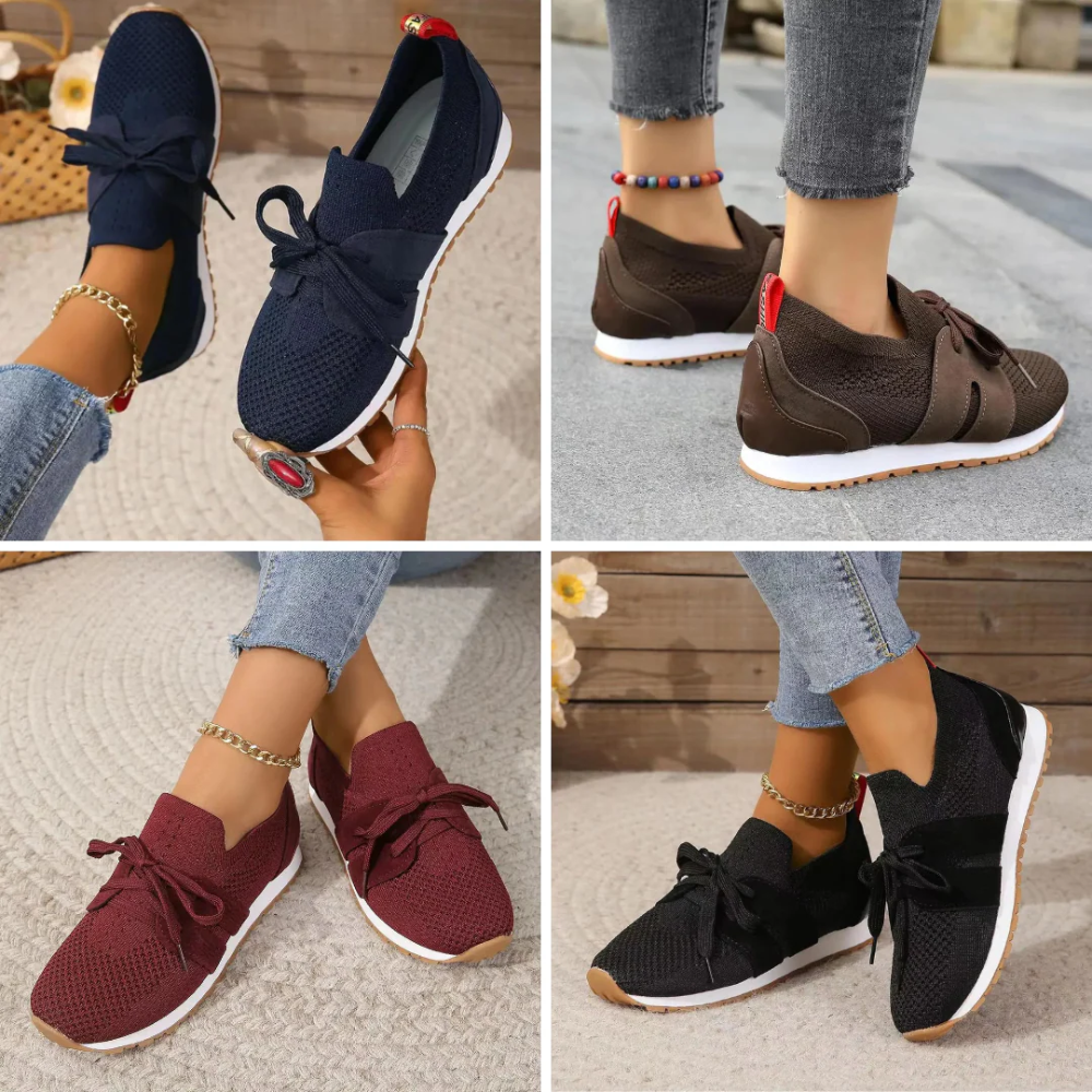 Women's knit slip-on trainers with a tied bow and a red heel tab