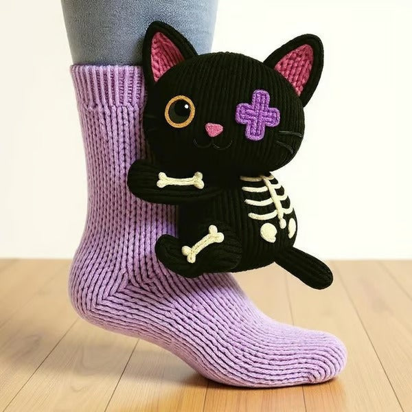 Knitted animal socks with a 3D animal hugging the leg - black cat