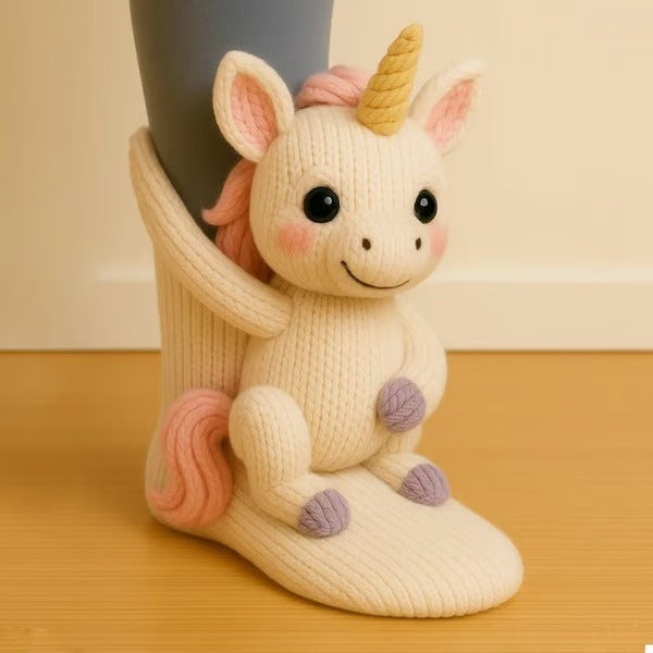 Knitted animal socks with a 3D animal hugging the leg - unicorn