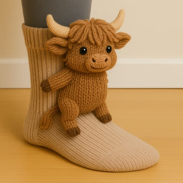 Knitted animal socks with a 3D animal hugging the leg - highland cow