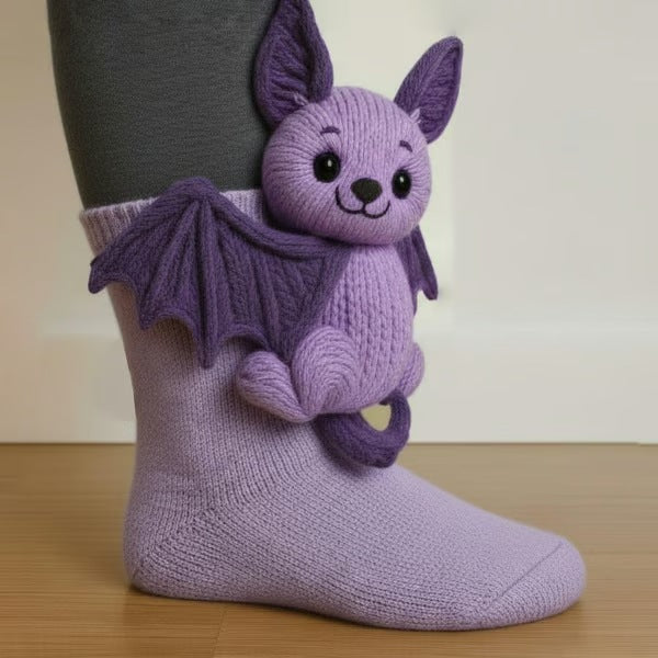 Knitted animal socks with a 3D animal hugging the leg - bat