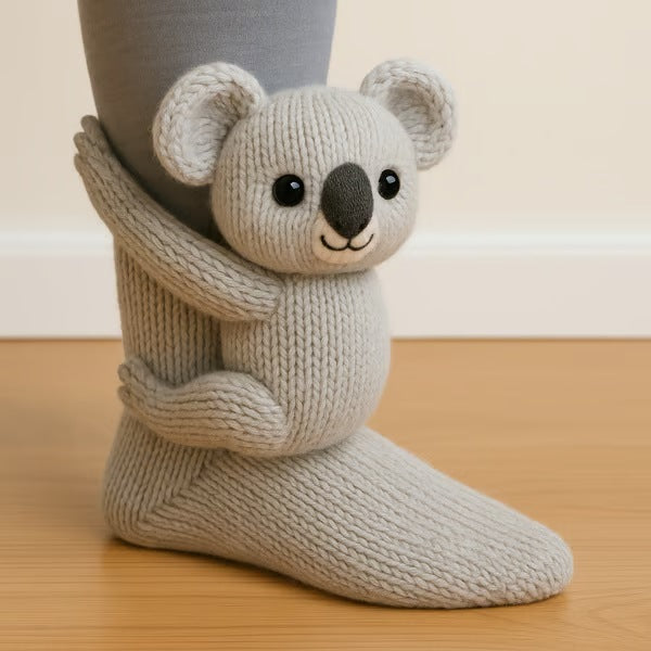 Knitted animal socks with a 3D animal hugging the leg - koala