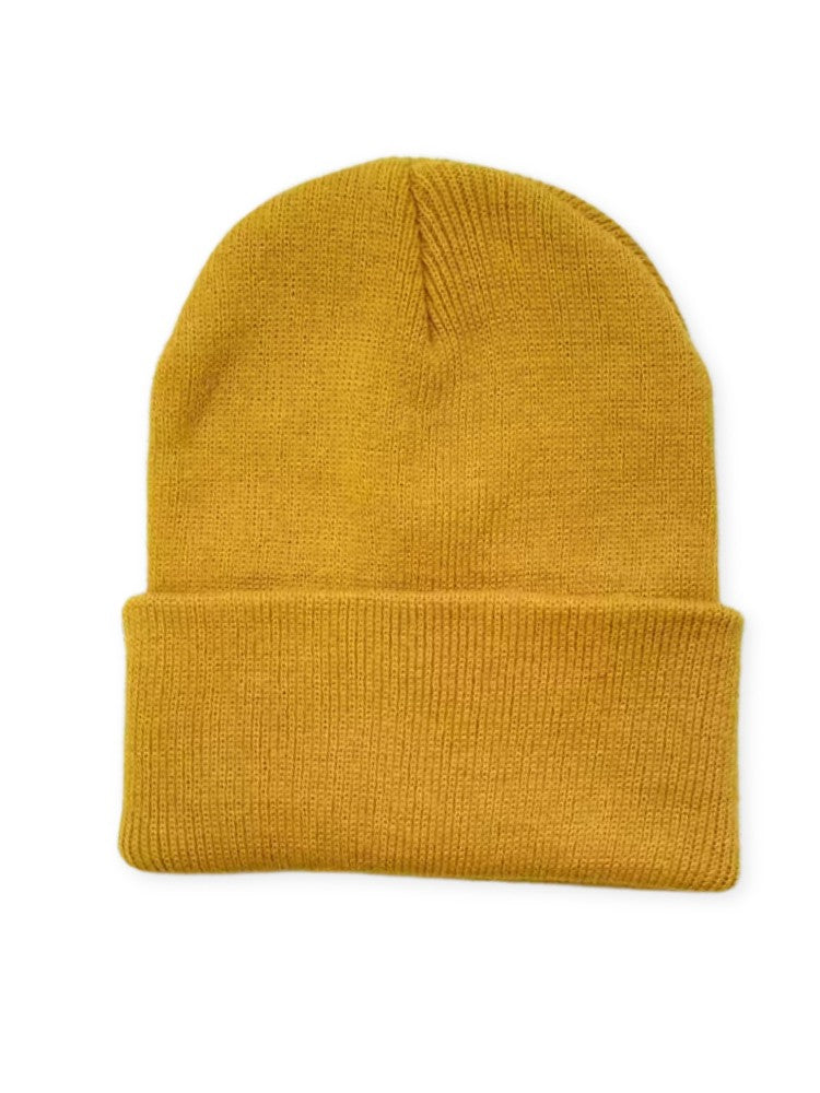 Knitted beanie with a deep turn-up cuff in a fine rib knit, for men and women - mustard