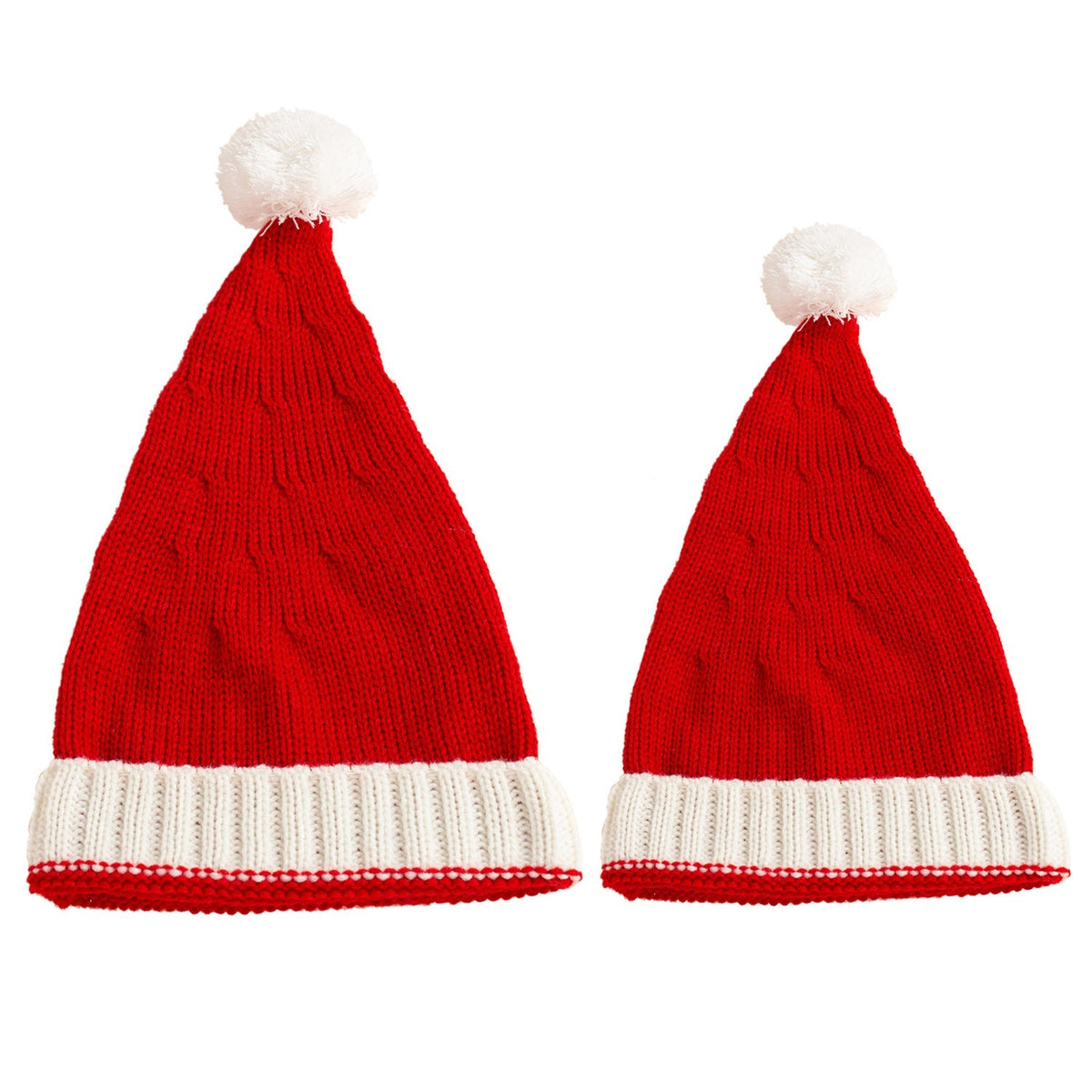 Red knitted Father Christmas hat with white cuff and pompom, parent and child