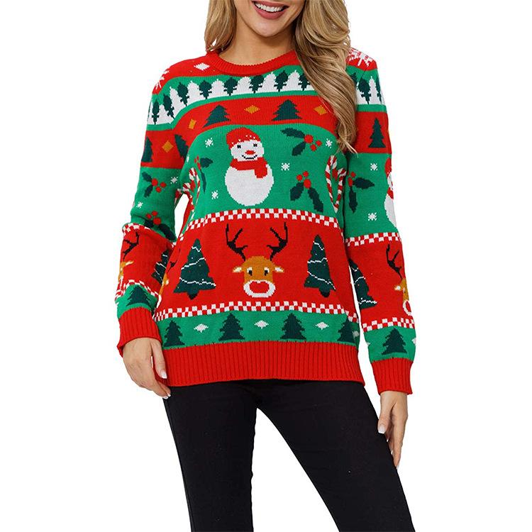 Women's red knitted Christmas jumper with a festive motif and fairy lights - red snowman