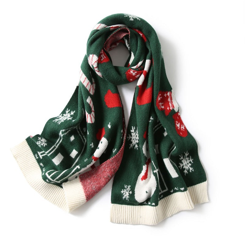 Knitted Christmas scarf with a knitted-in festive motif and ribbed ends - green snowman