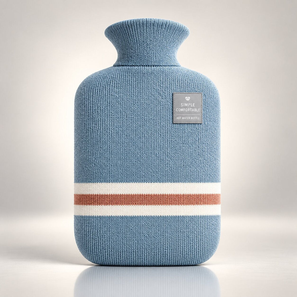 Knitted hot water bottle with stripes and a folded collar - light blue