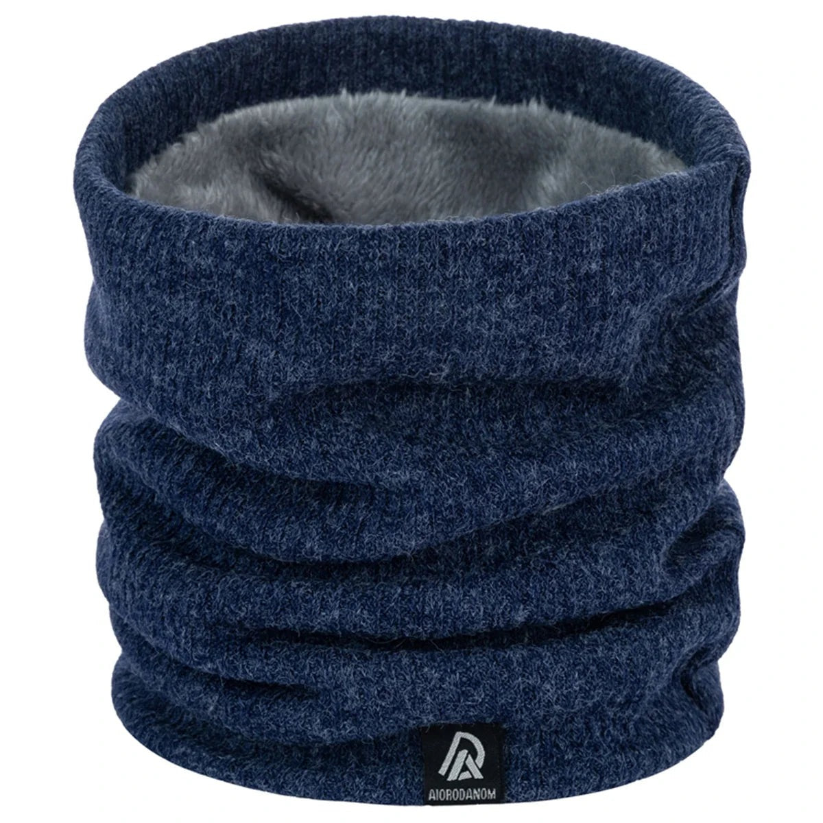 Knitted neck warmer with plush lining and a small woven label - navy