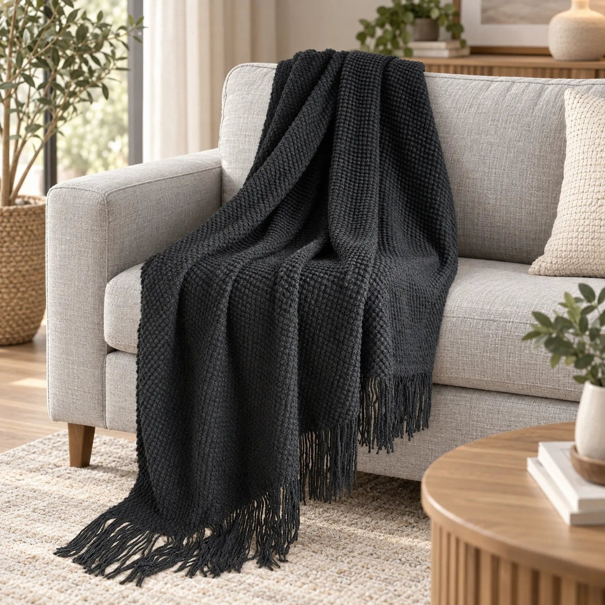 Knitted throw with a bobble texture and fringes