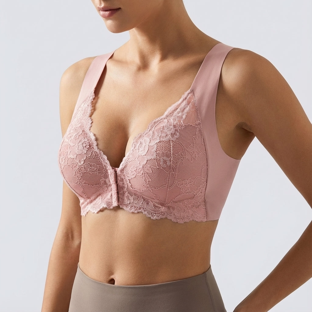 Lace front-closure bra with moulded cups, V-neck and wide straps - pink