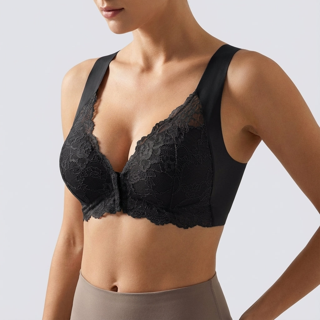 Lace front-closure bra with moulded cups, V-neck and wide straps - black