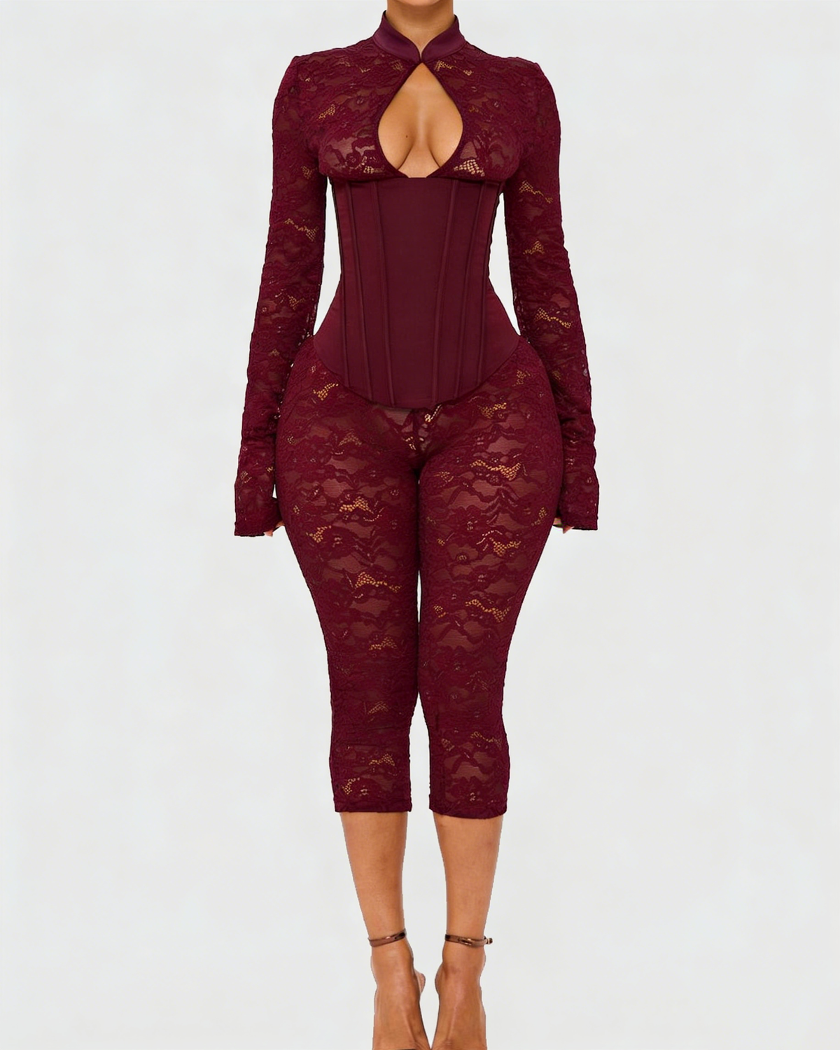 Lace jumpsuit with a high neck, boned corset bodice and calf-length legs - burgundy