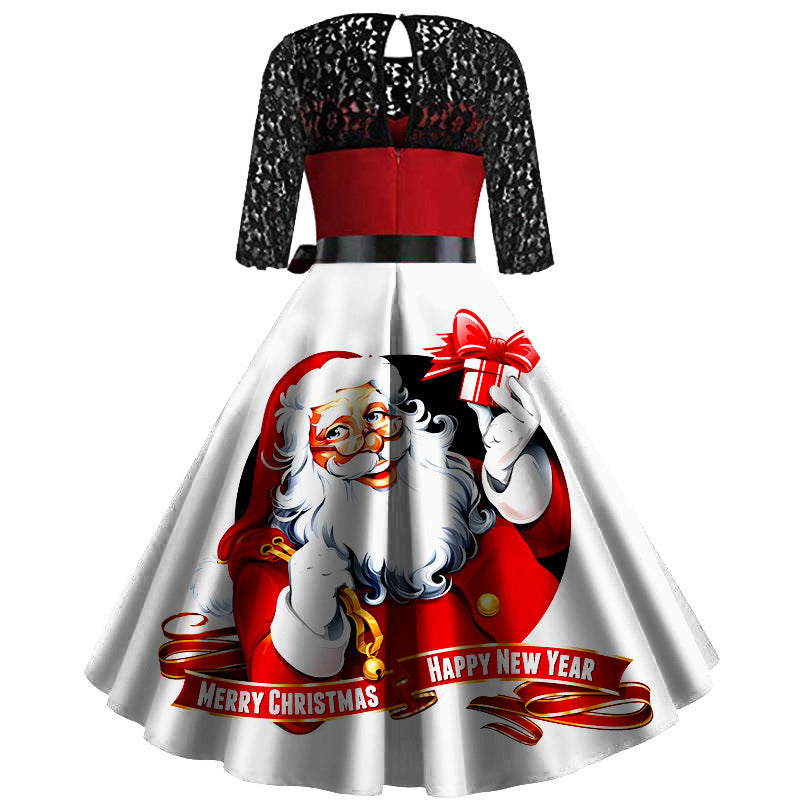Women's Christmas dress with black lace sleeves, red bodice and Santa-print skirt