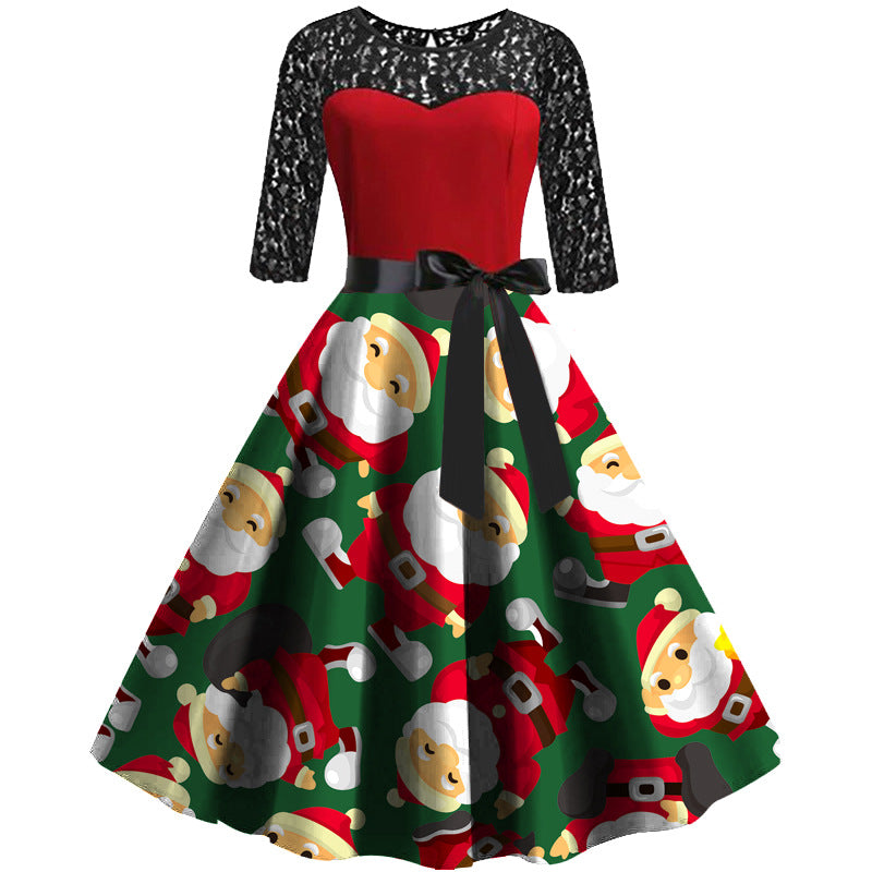 Women's Christmas dress with black lace sleeves, red bodice and Santa-print skirt - green with small santas