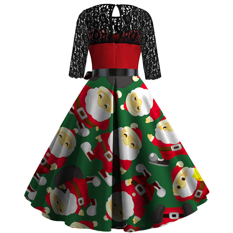 Women's Christmas dress with black lace sleeves, red bodice and Santa-print skirt