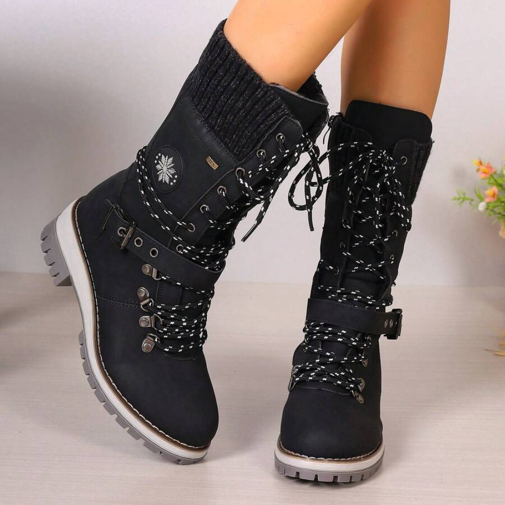 Women's lace-up winter boots with a knitted cuff and buckle