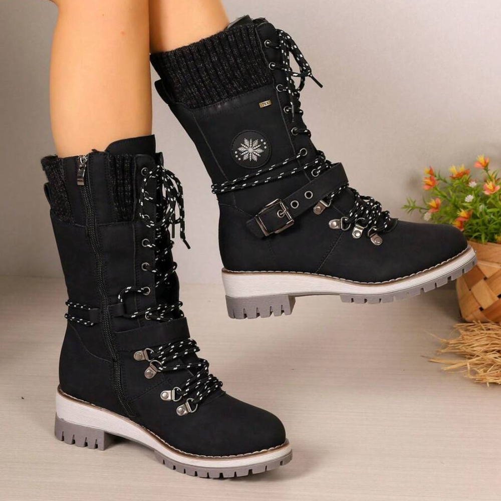 Women's lace-up winter boots with a knitted cuff and buckle