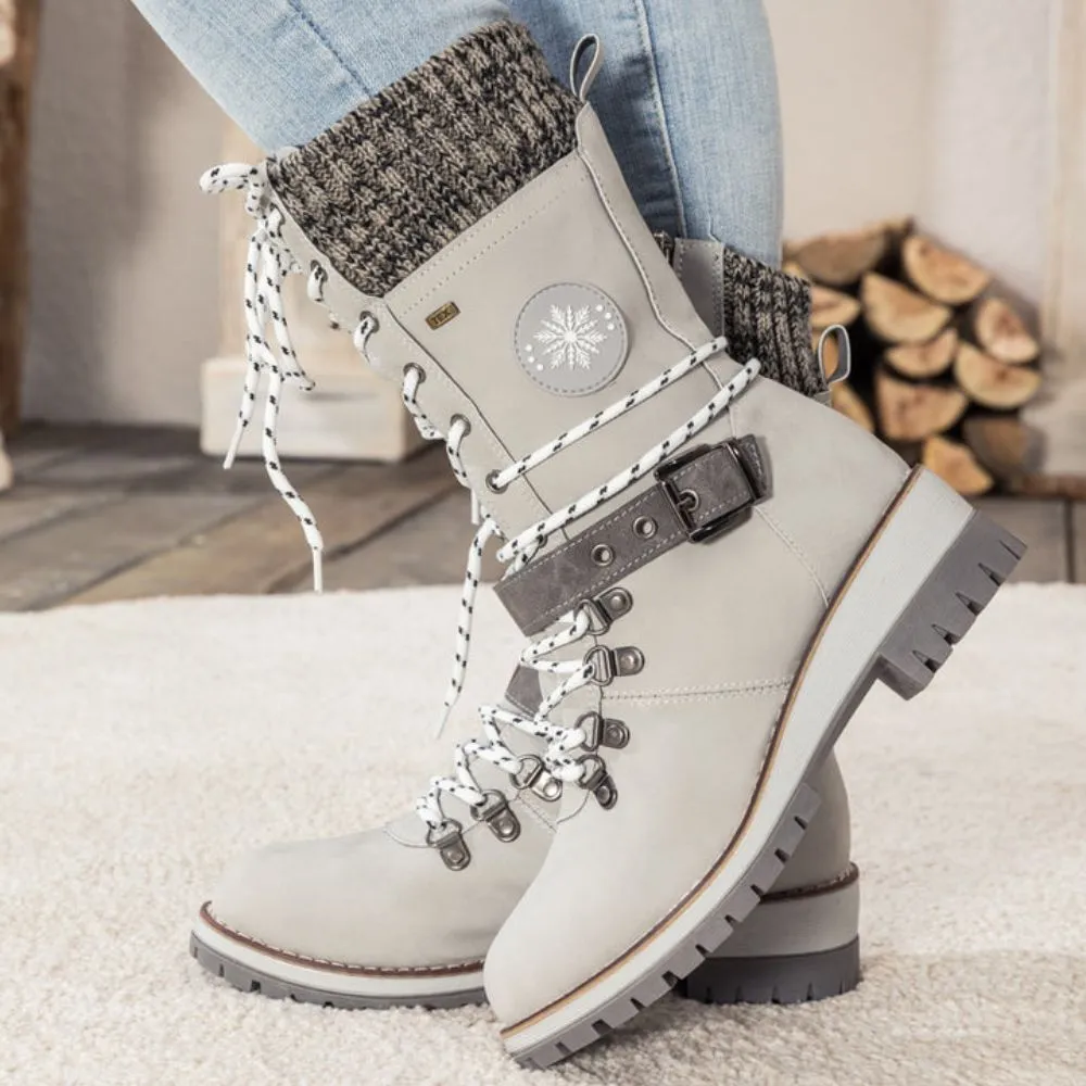 Women's lace-up winter boots with a knitted cuff and buckle